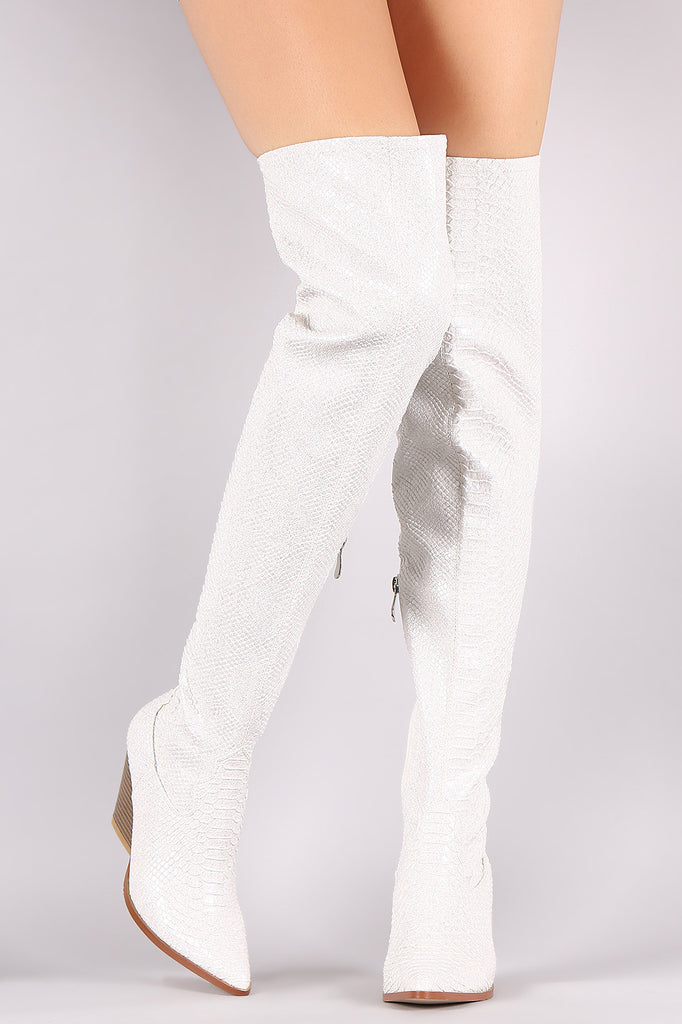Snake Embossed Chunky Heeled Over-The-Knee Western Boots