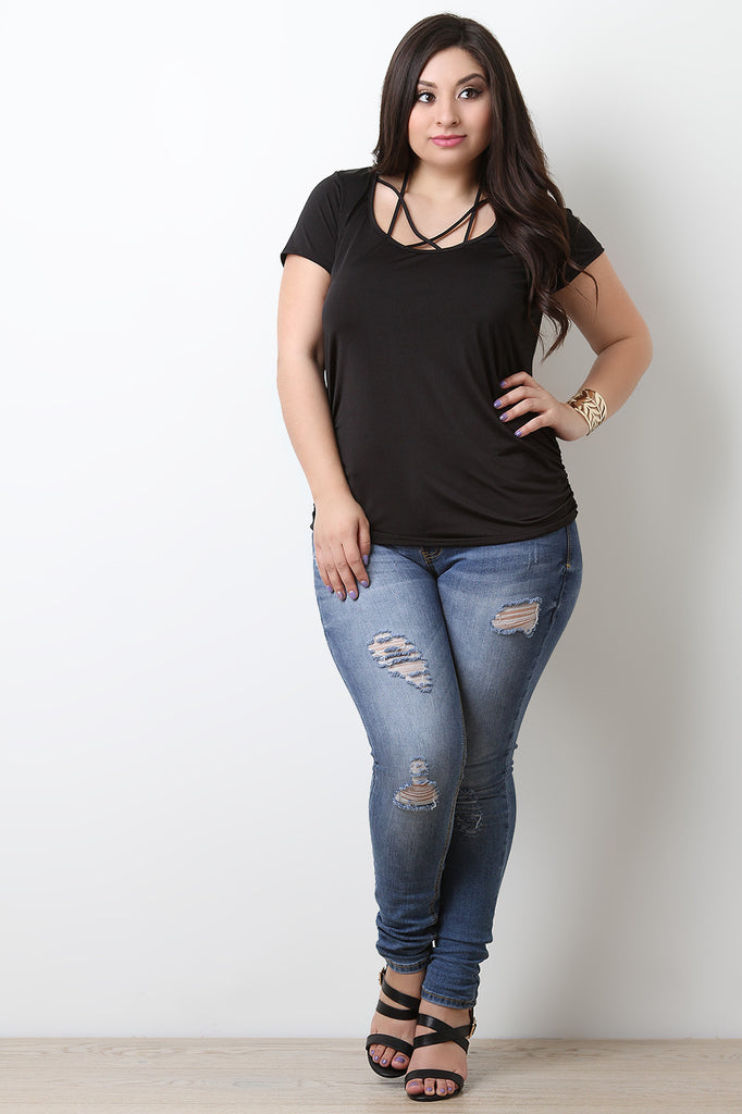 Smooth Satin Cinched Detail Strappy Caged Top