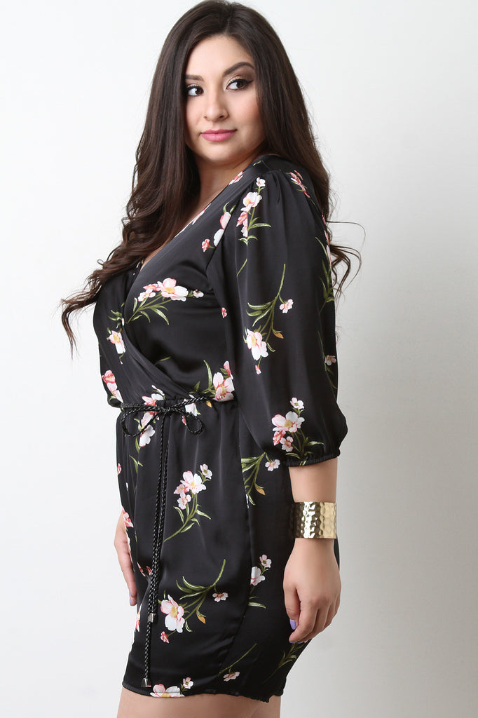 Surplice Self-Tie Belted Floral Satin Romper