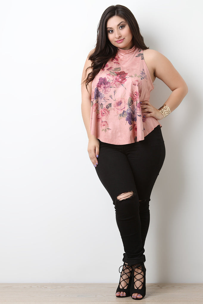 Vegan Suede Floral Sleeveless Top