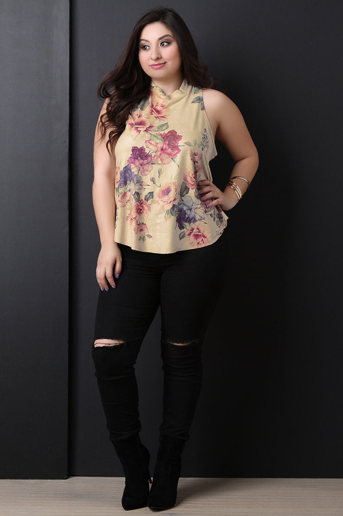 Vegan Suede Floral Sleeveless Top
