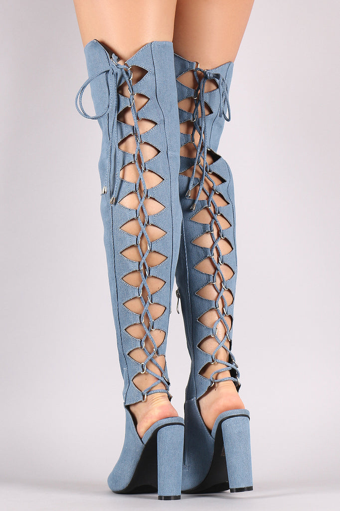 Denim Back Lace Up Chunky Heeled Over-The-Knee Boots