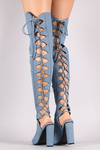 Denim Back Lace Up Chunky Heeled Over-The-Knee Boots